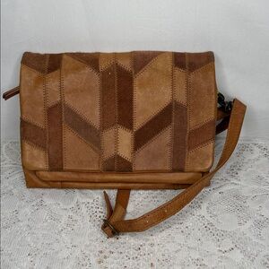 Lucky Brand  leather patchwork stitched crossbody tan fold over bag